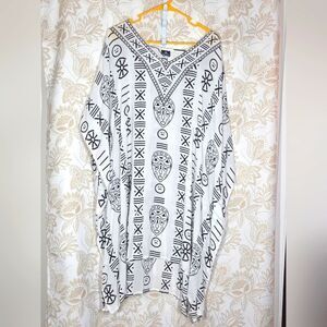 Advance B/W Kaftan Poncho Beach Cover up Boho Hippie African Mask Unisex EUC